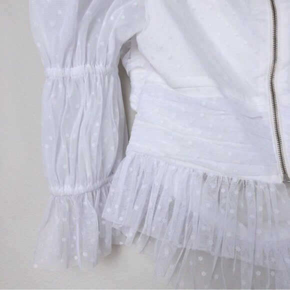 NEW LPA Dolores Top S Ivory Sheer Dot Puff Sleeve Cutout Pleated Peplum Tulle - Picture 11 of 13